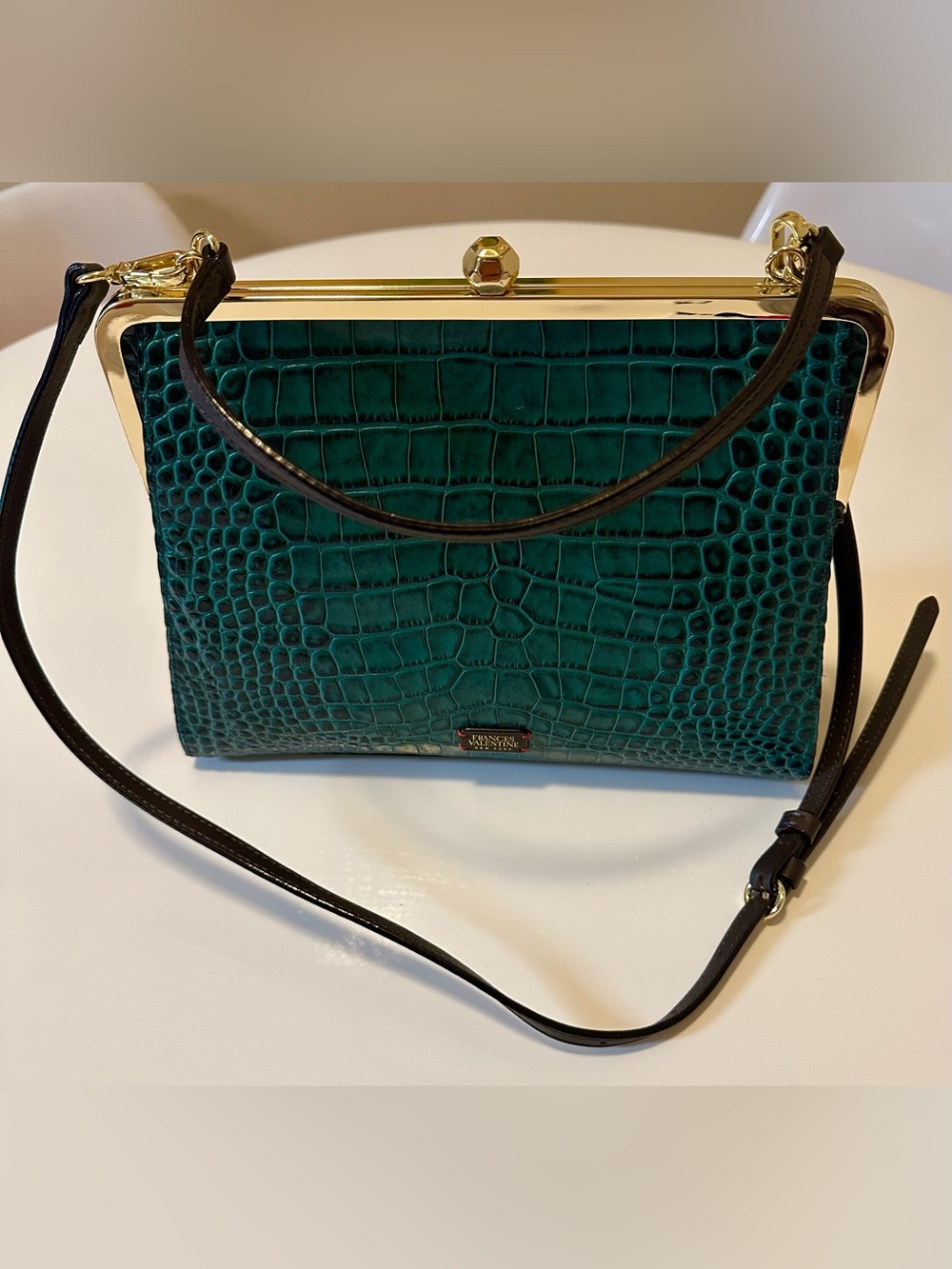 Frances Valentine Jackie Jade Croc-Embossed Top-Handle Satchel with Gold Trim